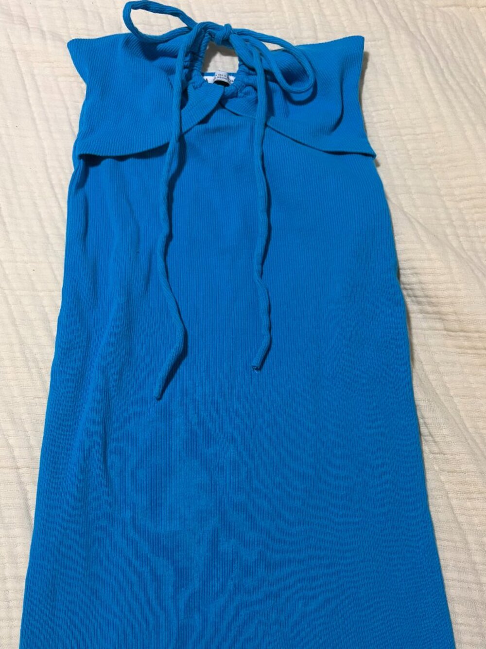 ZARA Cerulean Blue Ribbed Halter Neck Fold Over Mini Bodycon Dress Small